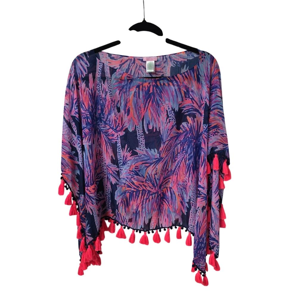 Lilly Pulitzer Palms Up Printed Chiffon Marina Poncho With Tassel Fringe